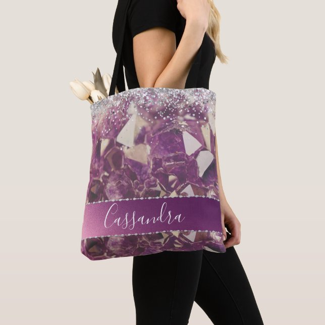 Glittery Chic Amethyst Crystals Personalized Tote Bag (Close Up)