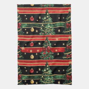 Glittery Christmas Tree - Red Black Green Striped Kitchen Towel