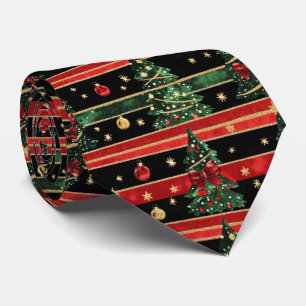 Glittery Christmas Tree - Red Black Green Striped Tie