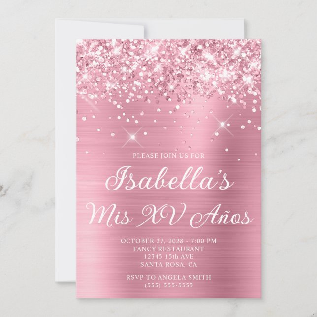 Glittery Classic Pink Foil Mis XV Años Photo Invitation (Front)