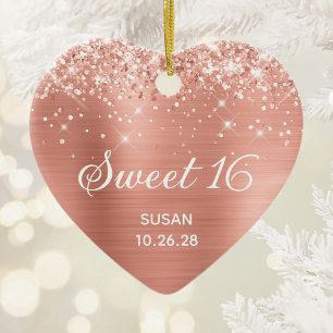 Glittery Classic Pink Peach Foil Sweet 16 Photo Ceramic Ornament