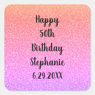 Glittery Custom Happy Birthday Name Rose Gold Pink Square Sticker