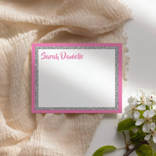 Glittery Dark Pink and Silver Thank You Flat Card