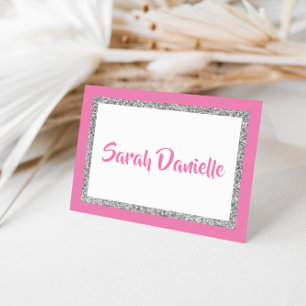 Glittery Dark Pink & Silver Personalized Note Card