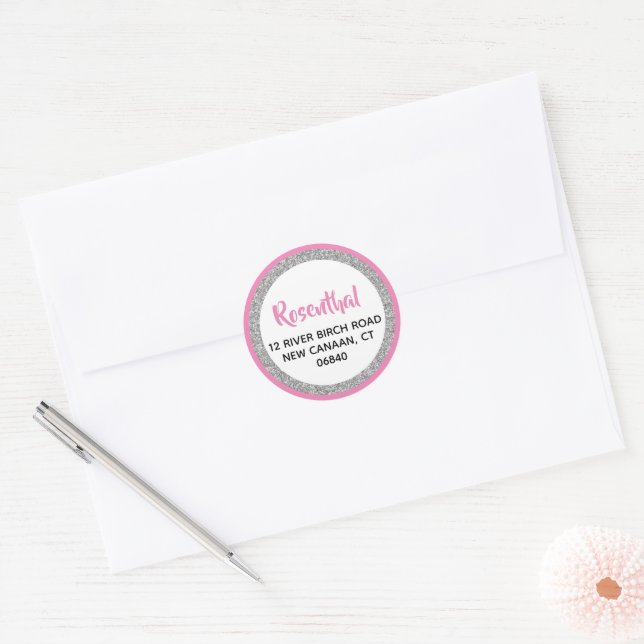 Glittery Dark Pink & Silver Return Address Classic Round Sticker (Envelope)