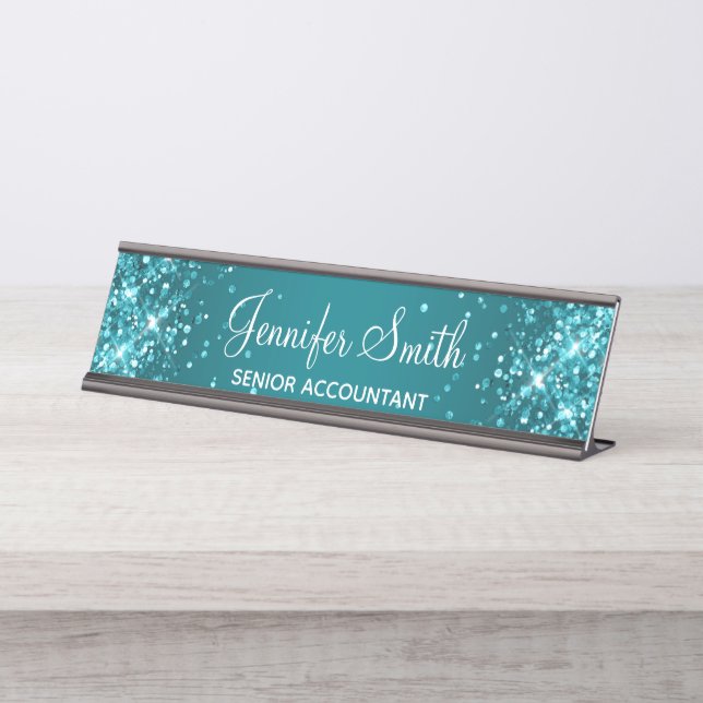 Glittery Dark Turquoise Gradient Desk Name Plate (Front)