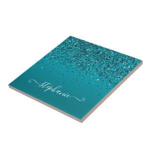 Glittery Dark Turquoise Gradient Girly Calligraphy Tile