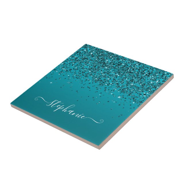 Glittery Dark Turquoise Gradient Girly Calligraphy Tile (Side)
