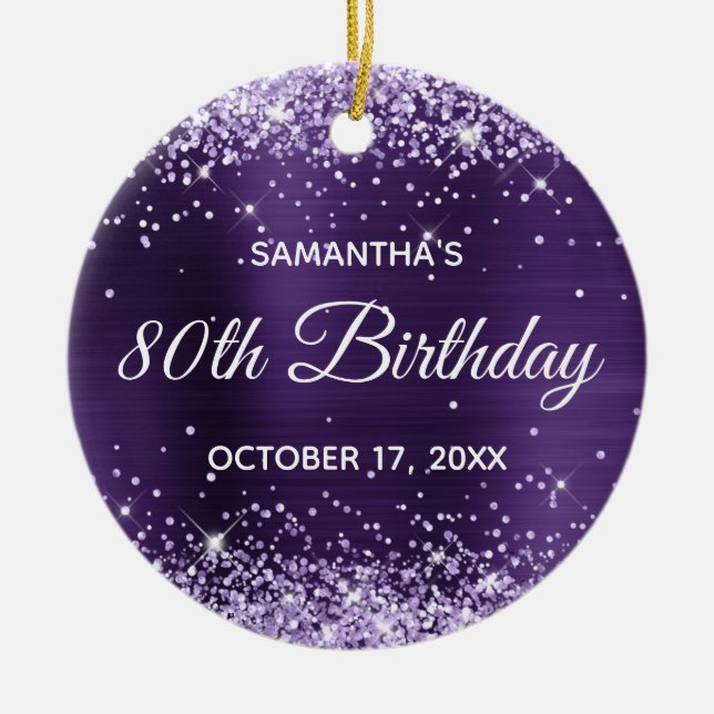 Glittery Dark Violet Purple Foil 80th Birthday Ceramic Ornament (Front)