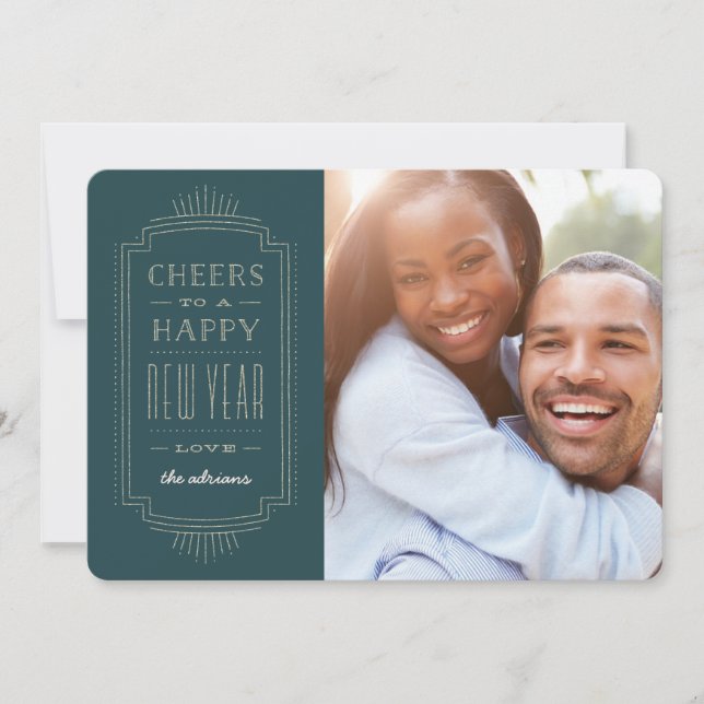 Glittery Deco New Year Holiday Card - Teal (Front)