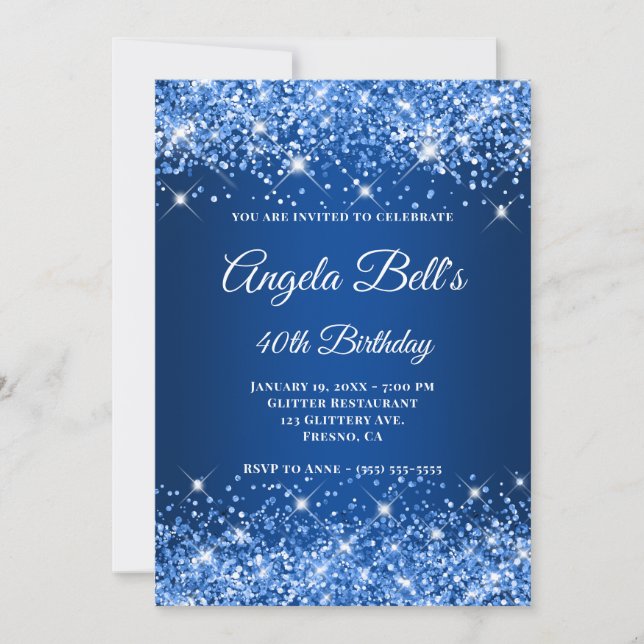 Glittery Deep Blue Ombre Fancy Monogram  Invitation (Front)
