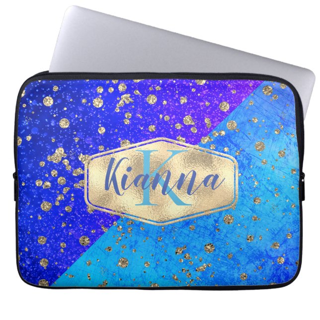 Glittery Dreamy Blue Monogram Personalized        Laptop Sleeve (Front)