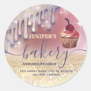 Glittery  drips cupcake chef script bakery classic round sticker