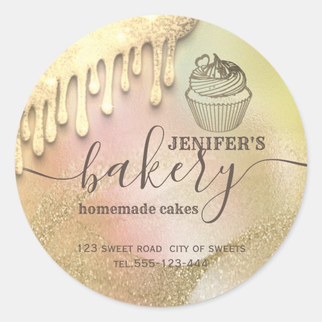 Glittery drips cupcake chef script bakery  classic round sticker (Front)
