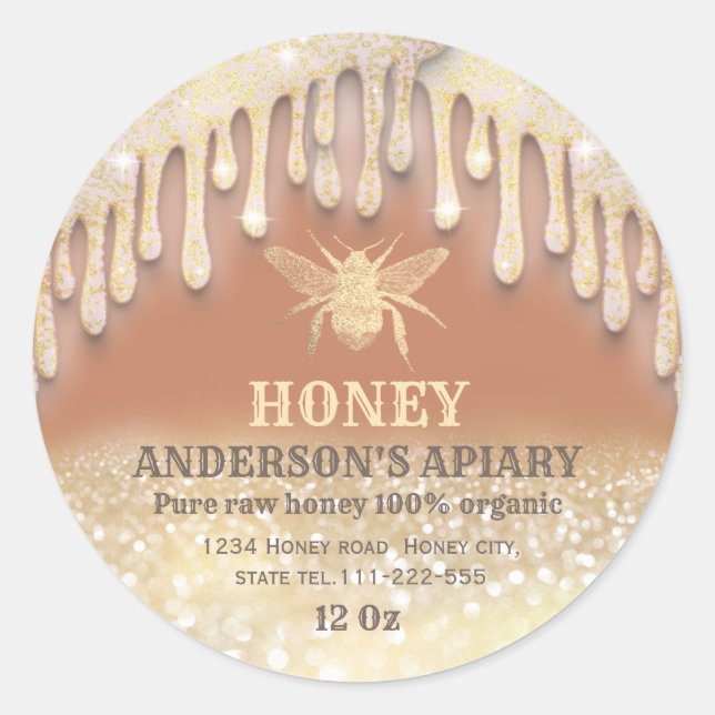 Glittery drips gold honey bee honey label (Front)
