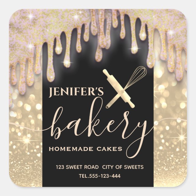 Glittery drips whisk rolling pin bakery label (Front)