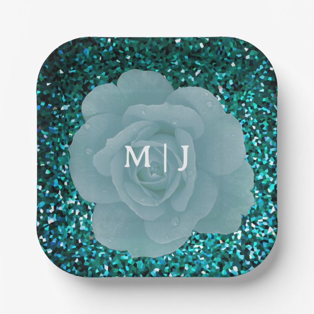 Glittery Dusty Blue Rose Monogram Elegant Wedding Paper Plate (Front)