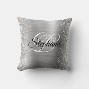 Glittery Edge Silver Foil Fancy Monogram Throw Pillow
