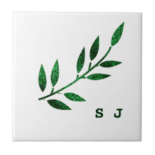 Glittery Emerald Green Leaf Monogram Gift Favour Tile