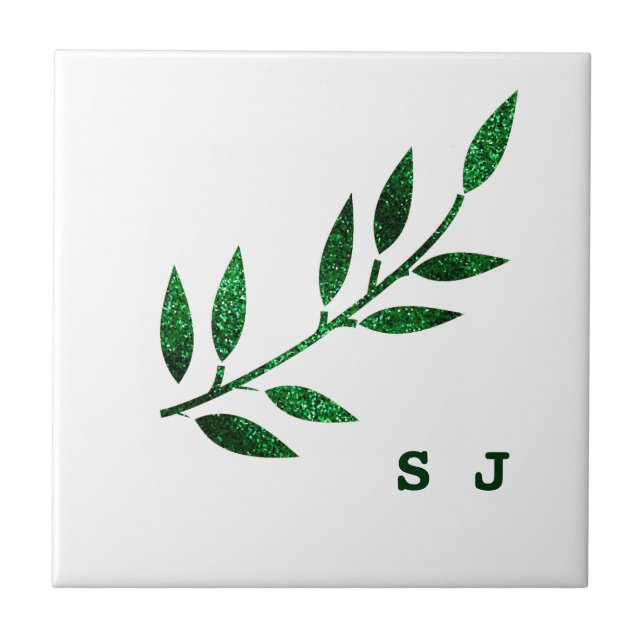 Glittery Emerald Green Leaf Monogram Gift Favour Tile (Front)