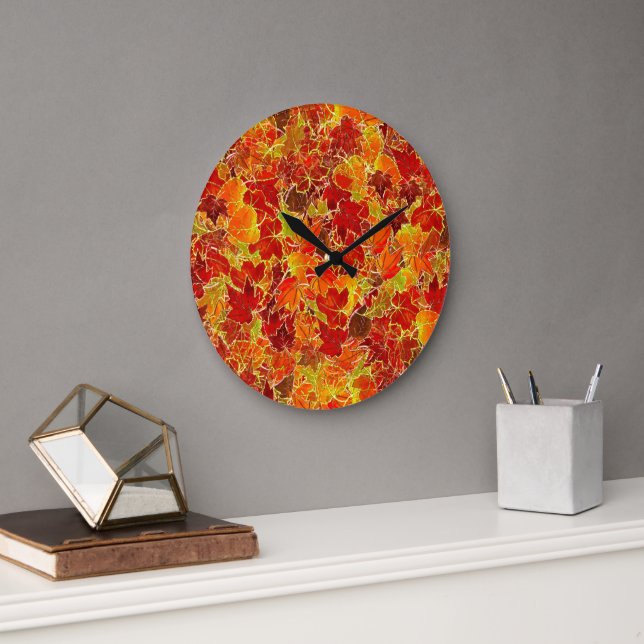 Glittery Fall Maple Leaves Large Clock (Office)