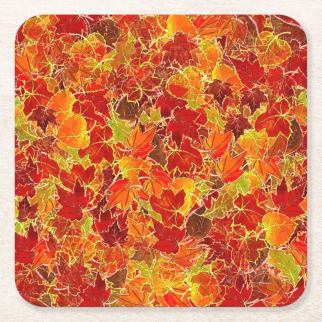 Glittery Fall Maple Leaves Square Paper Coaster (Front)