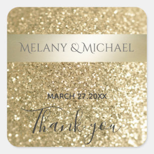 Glittery fancy chic modern gold stripe Thank you Square Sticker