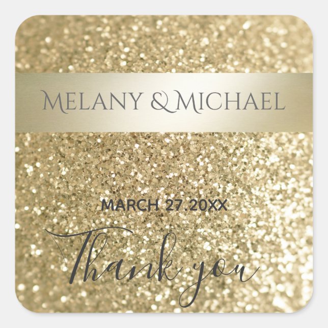 Glittery fancy chic modern gold stripe Thank you Square Sticker (Front)