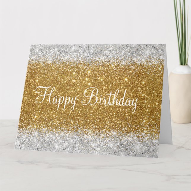 Glittery Faux Gold and Silver Glitter Birthday  Card (Front)