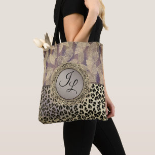 Glittery Feathers with Leopard Print Monogram Tote Bag
