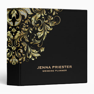 Glittery Floral Swirl Black Background Binder