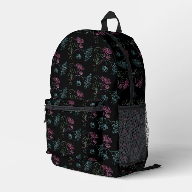 Glittery Flower Design On Black Printed Backpack (Back Corner Right)