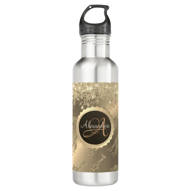 Glittery Giraffes on Glitzy Gold  Monogram 710 Ml Water Bottle (Front)