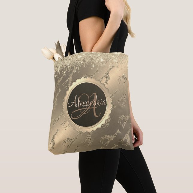 Glittery Giraffes on Glitzy Gold Monogram Tote Bag (Close Up)