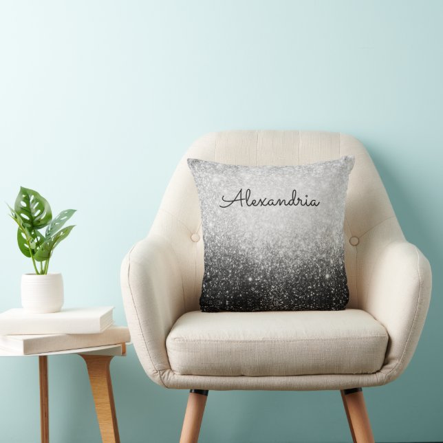 Glittery  Glam Silver and Black  Personalized Throw Pillow (Chair)