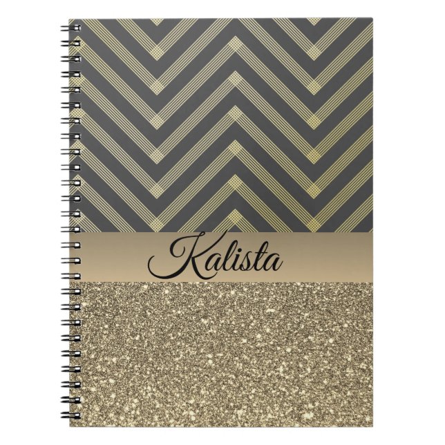 Glittery Gold and Black Chevron Notebook (Front)