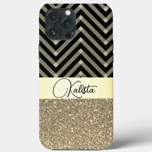 Glittery Gold and Black Chevron Personalized iPhone 13 Pro Max Case