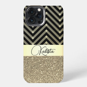 Glittery Gold and Black Chevron Personalized iPhone 13 Pro Max Case
