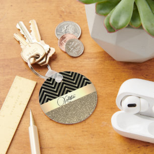 Glittery Gold and Black Chevron Personalized Keychain