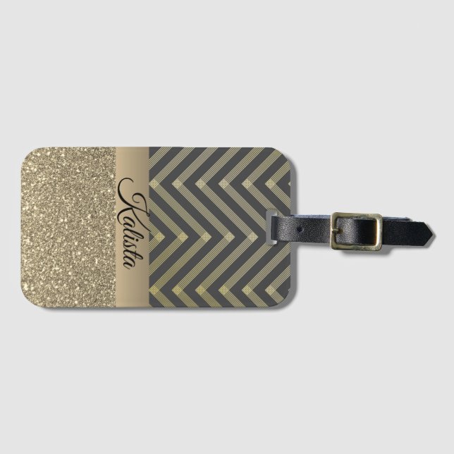 Glittery Gold and Black Chevron Personalized Luggage Tag (Front Horizontal)