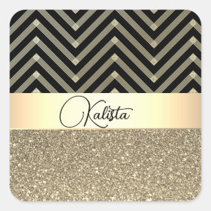 Glittery Gold and Black Chevron  Personalized Square Sticker