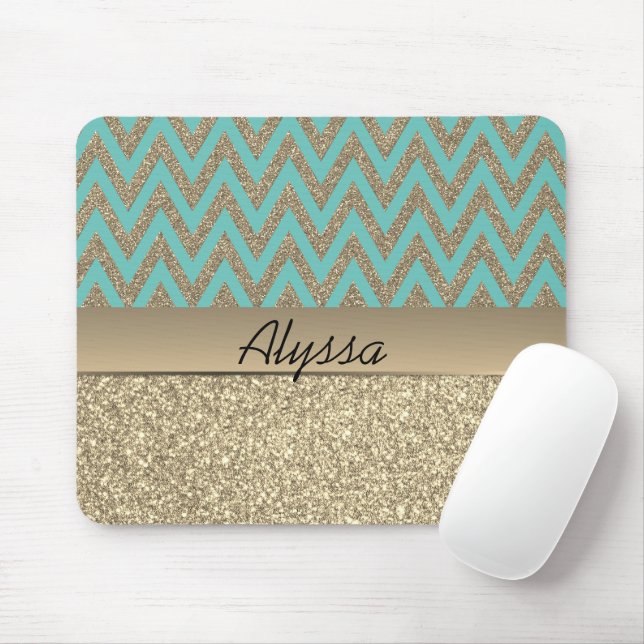 Glittery Gold and Blue Chevron Mouse Pad (With Mouse)