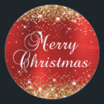Glittery Gold and Red Foil Merry Christmas Classic Round Sticker<br><div class="desc">Fancy calligraphy Merry Christmas envelope seal stickers for your special holiday greetings or invite.
Girly faux sparkly gold glitter on the top and bottom edge over a faux red brushed metal style ombre foil.
The colour of the old-fashioned text graphic can be changed.</div>