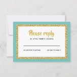 Glittery Gold and Teal Bat Mitzvah Reply RSVP Card<br><div class="desc">This trendy insert card features bold lettering on the front with a layered look in gold glitter and white,  and a solid coloured back.  Add your text using the template form.  Change the font,  layout and colours using the advanced menus.</div>