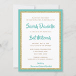 Glittery Gold and Teal Framed Bat Mitzvah Invitation<br><div class="desc">This trendy Bat Mitzvah invitation features sparkling faux glitter layered against a solid colour background. Use the template form to add your own information. The advanced editing menus can be used to change the font style,  colour and layout.</div>