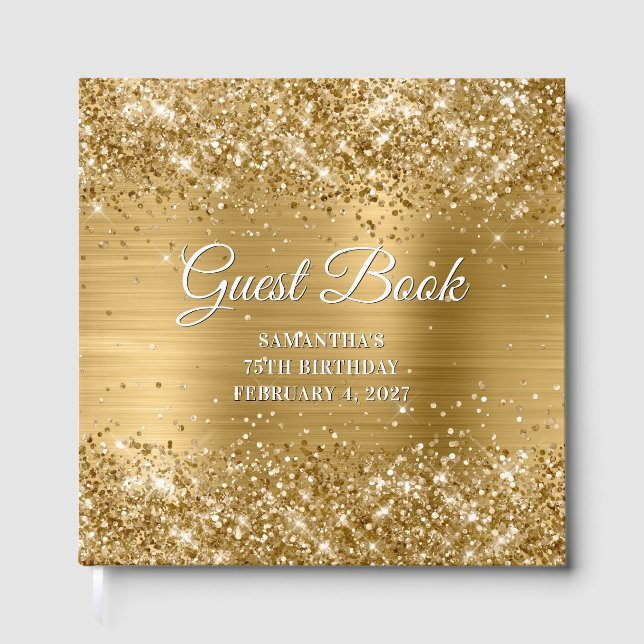 Glittery Gold and White 75th Birthday Guest Book (Front)