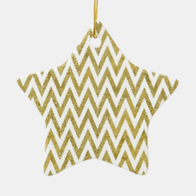 Glittery Gold and White Chevron Stripes Ceramic Ornament (Front)
