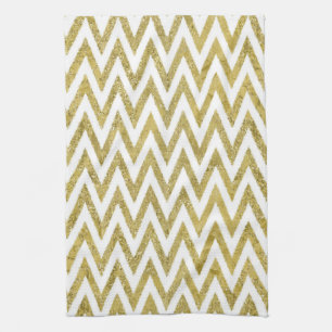 Glittery Gold and White Chevron Stripes Kitchen Towel