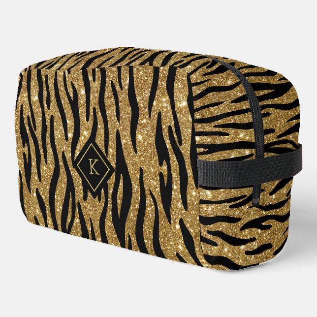 Glittery Gold, Black Zebra Pattern Monogram  Dopp Kit (Left Corner)
