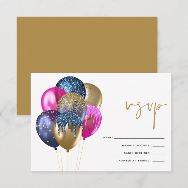 Glittery Gold Blue Fuchsia Balloons 60th Birthday RSVP Card (Front/Back)